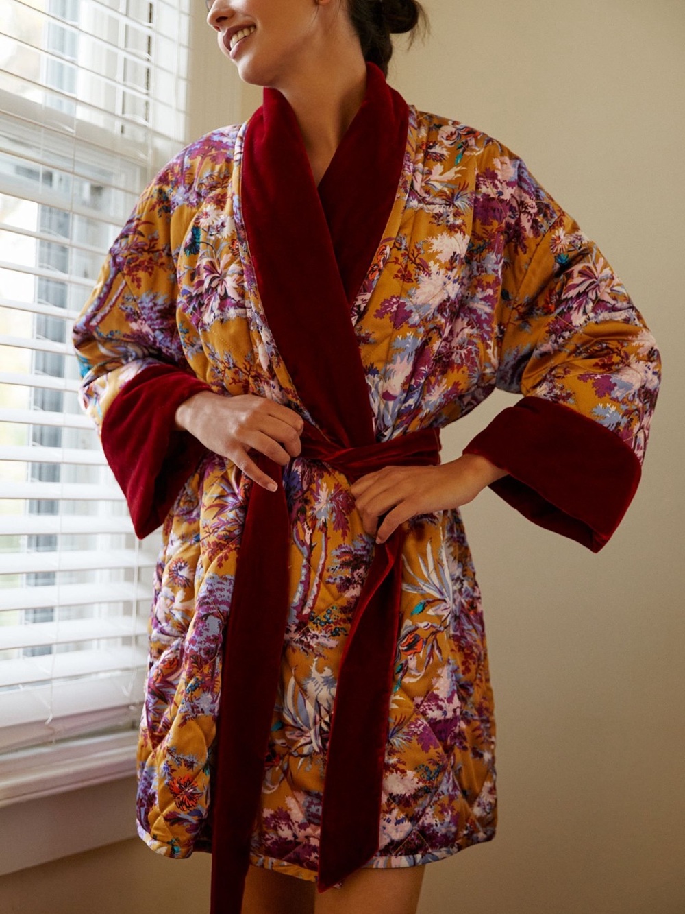 Anthropologie Mustard Floral Quilted Robe with Burgundy Trim